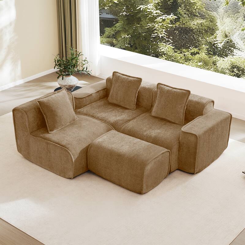 GDFStudio - Streamlined Velvet 3-Seater 108.66" L-Shaped Modular Boneless Sofa with Ottoman