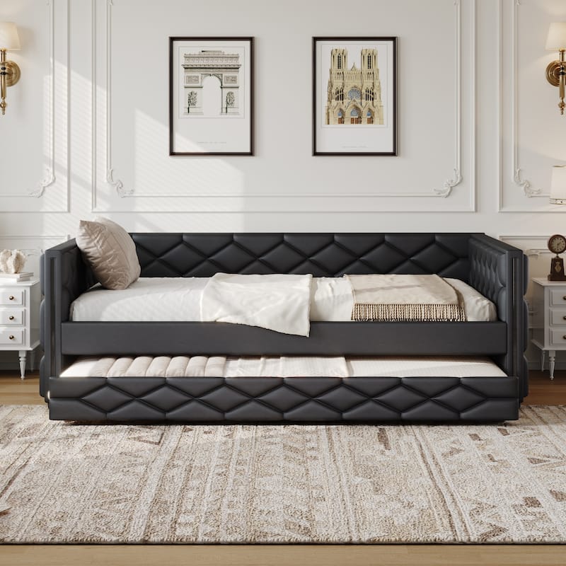 Full XL Size Upholstered Daybed with Trundle Bed and LED Armrests, Rhombic Blocks Frame Sofa Bed, U-shape Bed Frame - Black Full XL - Full