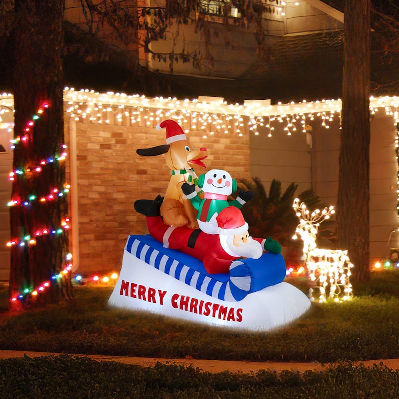 Glitzhome 6FT Lighted Inflatable Skiing Santa, Snowman and Dog Decor - multi