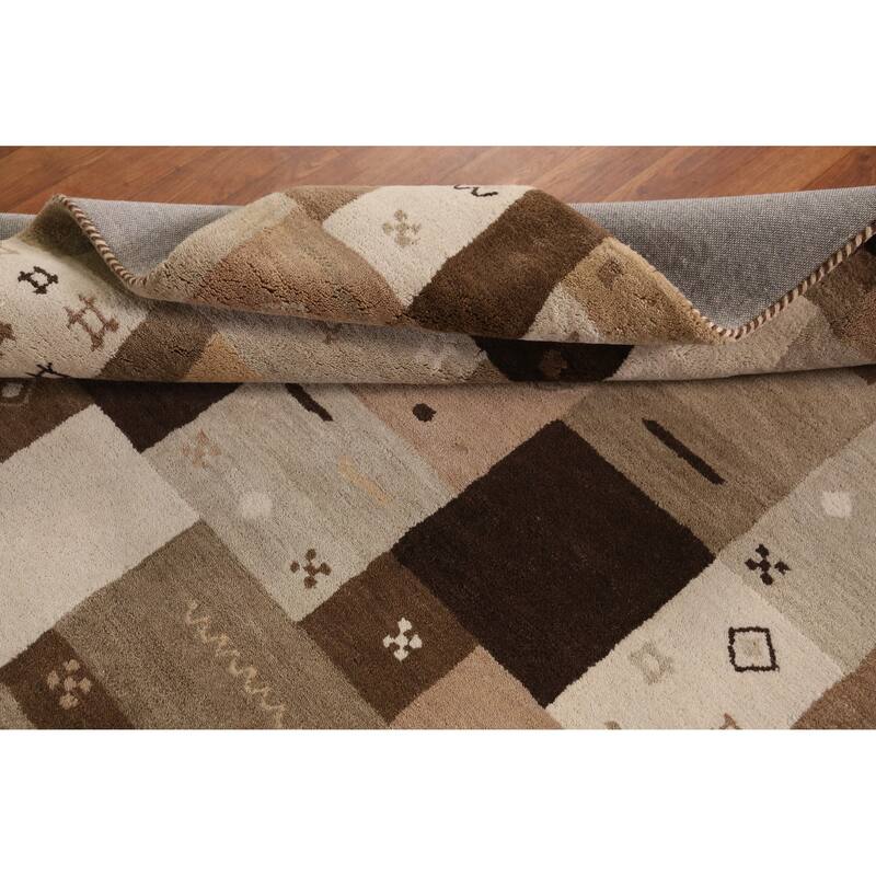 Tribal Geometric Gabbeh Indian Area Rug Brown Handmade Wool Carpet - 5'3" x 7'7"