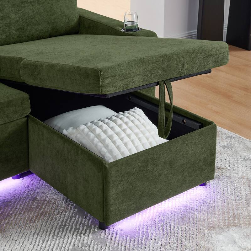 Pull Out Sleeper Sofa Bed Chenille L-shaped Sectional Couch with Storage Chaise, Retractable Table, LED, USB and Cup Holders
