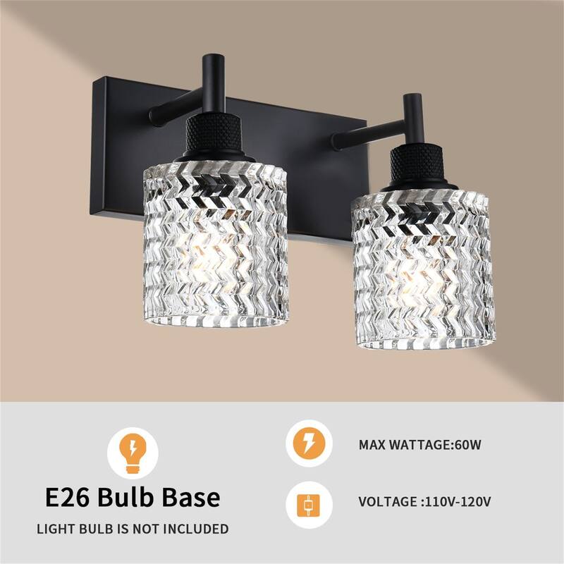 2-Light Industrial Black Wall Sconce with Hammered Glass Shades