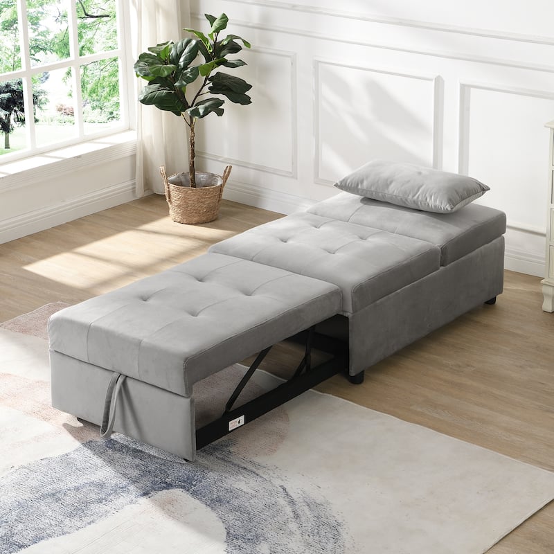 Grey 39.8" Single Folding Ottoman Sofa Bed with Adjustable Back and Pillows for Living Room