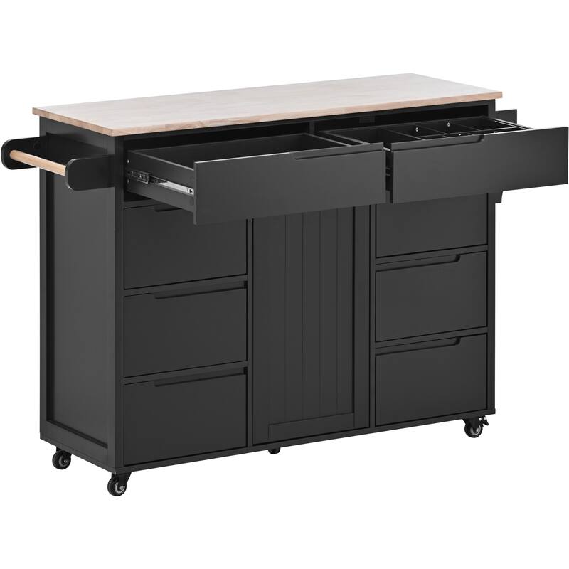 Kitchen Island with 8 Handle-Free Drawers, Rubber Wood Top, Flatware Organizer & 5 Wheels for Storage & Organization