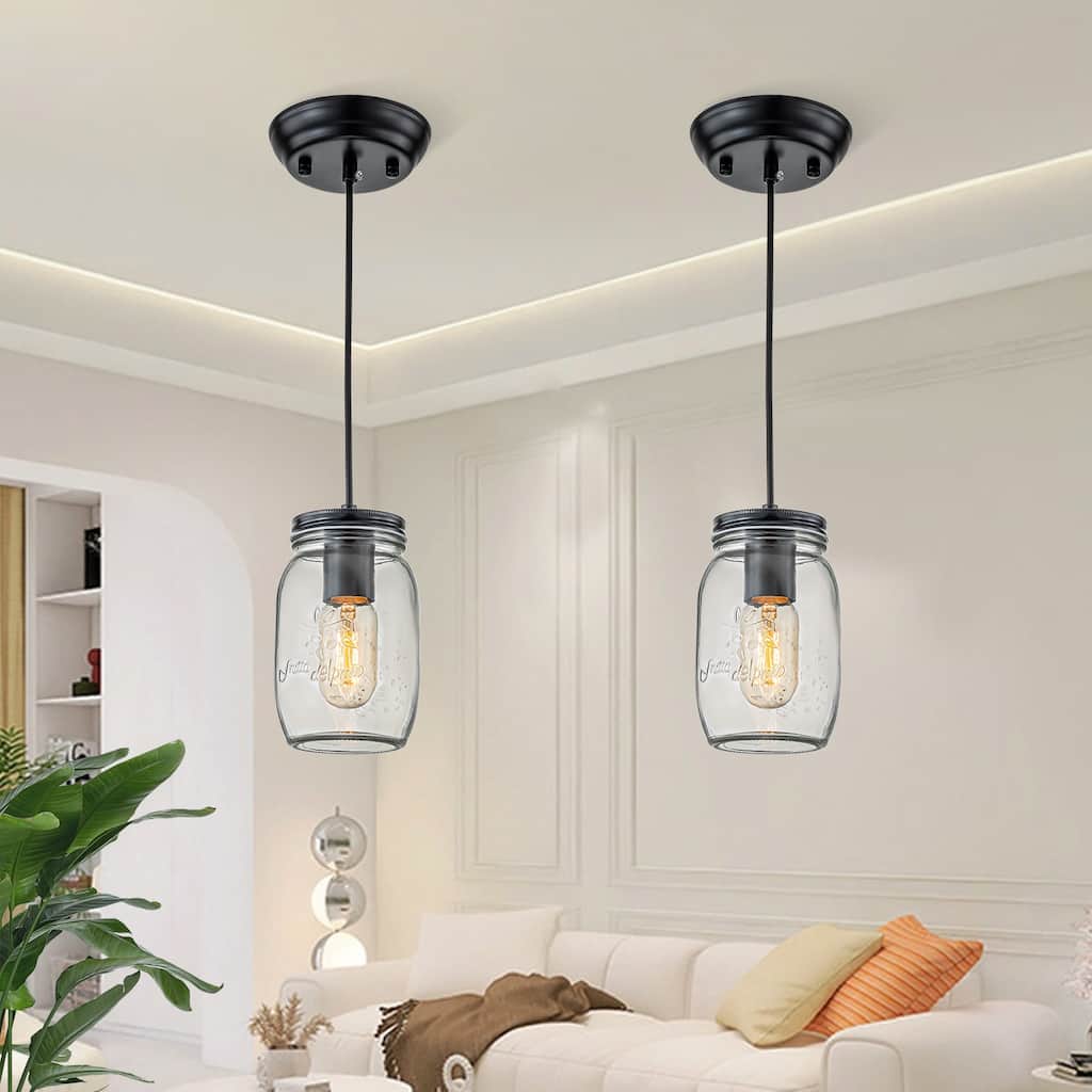 Starsky 1-Light Modern Farmhouse Black Mason Jar Chandelier Single Pendant Light set of 2