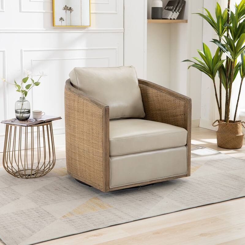 High Back 360 Degree Swivel Barrel Chairs, Leather Material Leisure Arm Chair Living Room Comfy Round Accent Sofa Chair