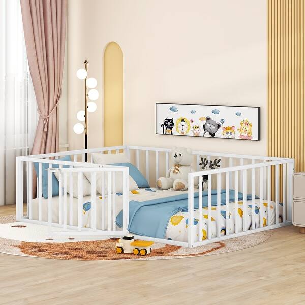 slide 2 of 2, White Metal Floor Bed, Full Size Ground Bed Frame with Fence and Door for Kids Teens Adults, Montessori Bed Frame White - Full
