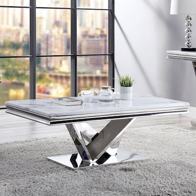 Kaliki Glam 51-inch Faux Marble Top Coffee Table with Chrome Pedestal Base by Furniture of America