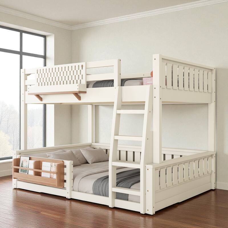 Full XL over Queen / Full over Queen Bunk Bed with Ladder, Guardrails, Pegboard & Built-In Bookshelf, Solid Wood Frame