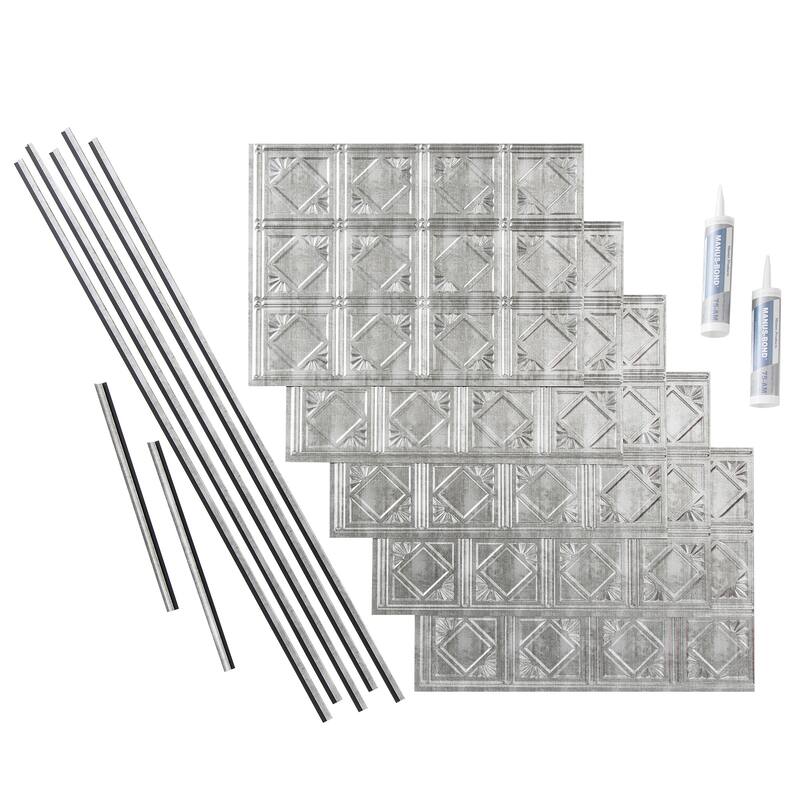 FASÄDE Traditional Style 4 Decorative Vinyl Backsplash Panel - 15 Sq Ft Kit - Crosshatch Silver