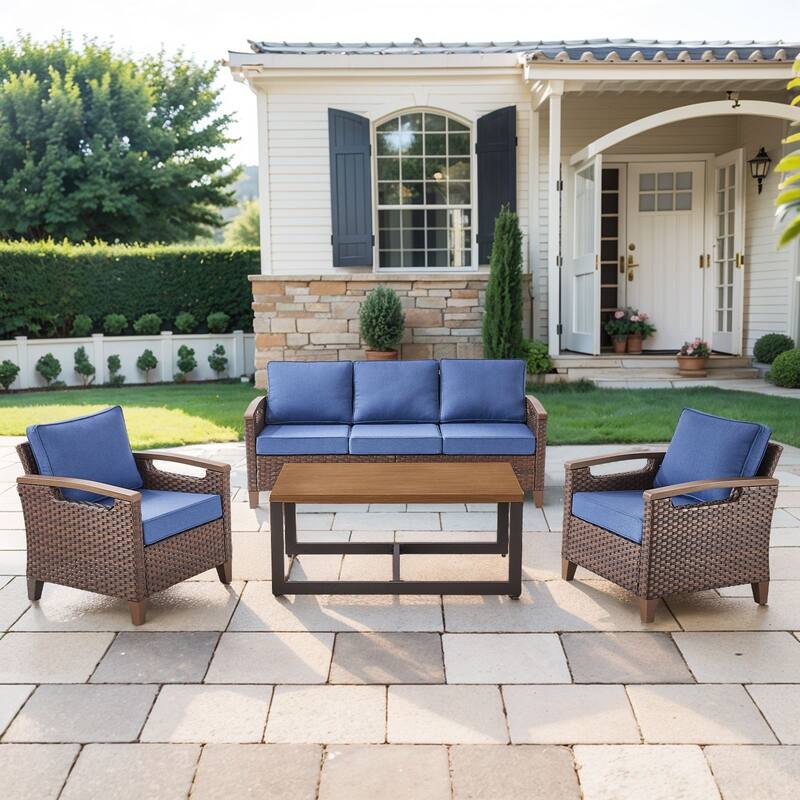 Pocassy Outdoor Patio Sofa Chair Ottoman Table Furniture Set - Blue Cushion - 3-Seat Sofa with Club Chair Table Set