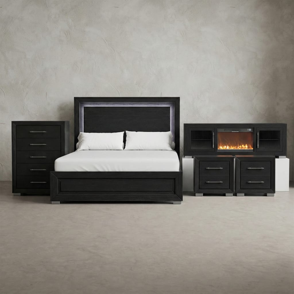 Furniture of America Alaric Modern Black 5-Piece Bedroom Set with 72-inch Fireplace TV Stand, Chest and 2 Nightstands