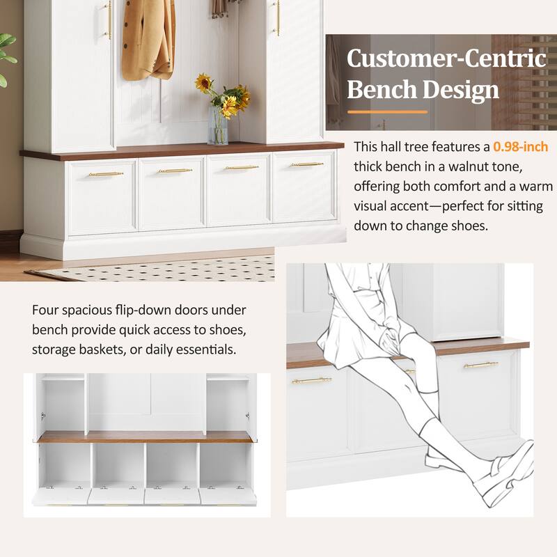 59" Farmhouse Hall Tree - 4-in-1 Entryway Bench with Golden Hooks, Adjustable Shelves & Shoe Storage
