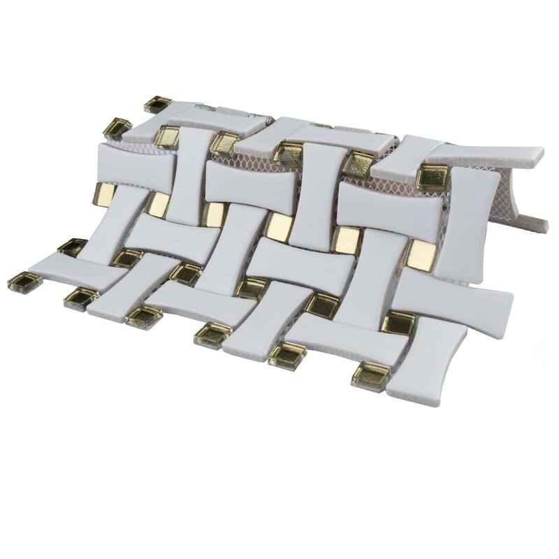 Merola Tile Metro Dog Bone Basketweave Matte White with Glass Gold Dot 10" x 10" Porcelain Mosaic Wall Tile