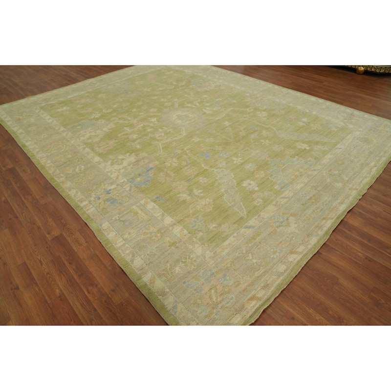 Vegetable Dye Green Oushak Turkish Area Rug, Floral Geometric Carpet - 11' 11'' X 9' 3''