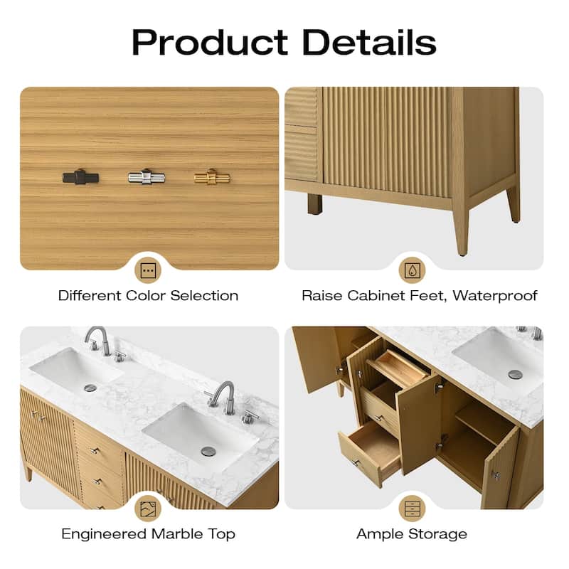 Vanity Art 60" Double Sink Bathroom Vanity Cabinet with Engineered Marble Top