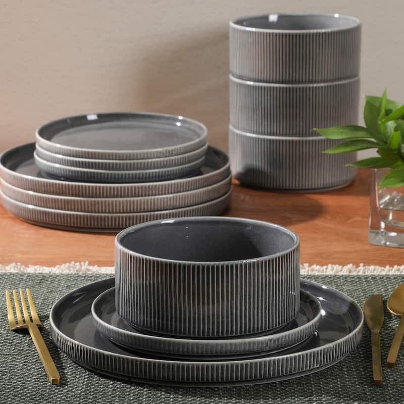 Gibson Elite Solana Coast 12 Piece Stoneware Reactive Glaze (Service for 4) Plates and Bowls Modern Shape Dinnerware Set