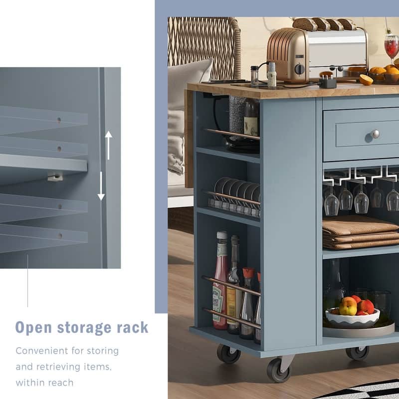 Kitchen Island with Power Outlet,Drop Leaf ,Open Storage and Wine Rack,5 Wheels