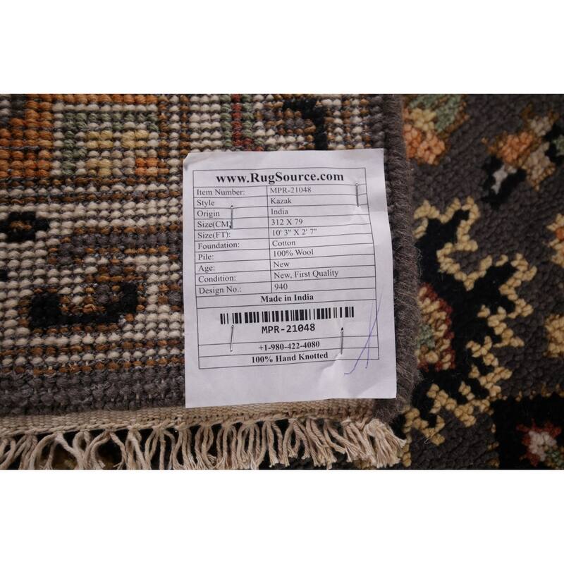 Gray Geometric Kazak Indian Runner Rug Handmade Wool Carpet - 2'7"x 10'3"