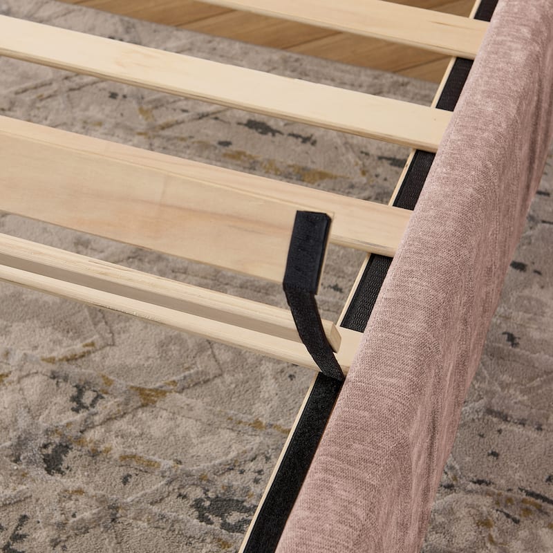 Chenille Upholstered Pleated Platform Bed Frame Wingback Headboard with Side Tables and Adjustable Lamps