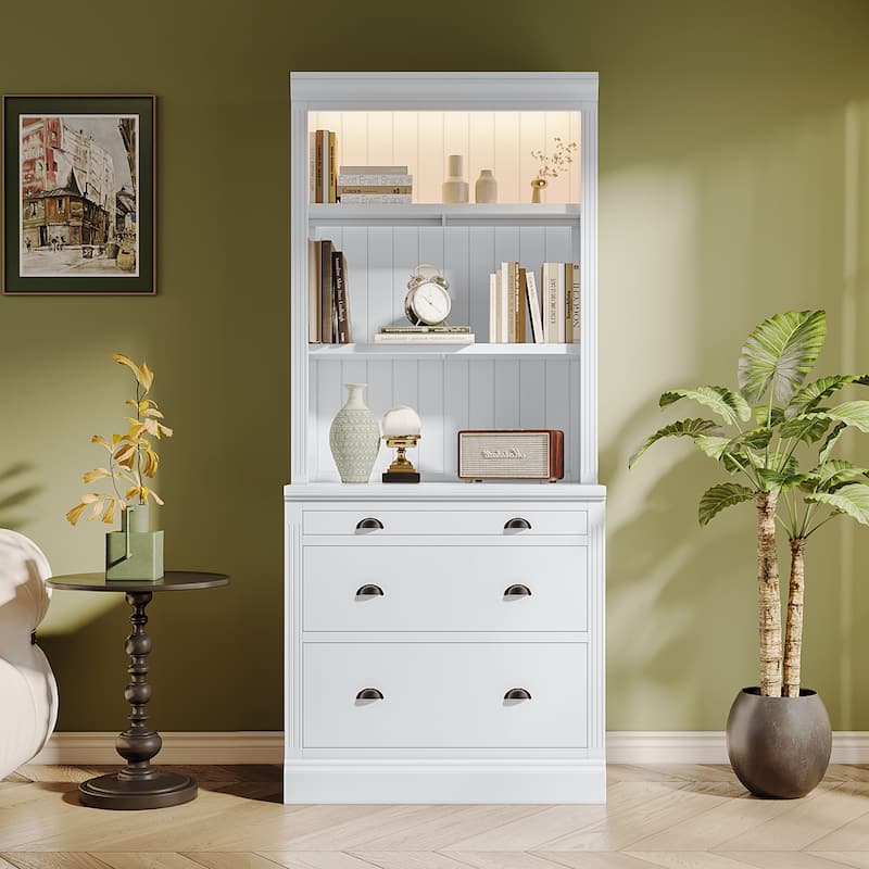 83.4" Modern LED-Lit Bookshelf with 3 Drawers & Open Shelves -  Stylish Storage Bookcase for Living Room & Home Office|1-Piece