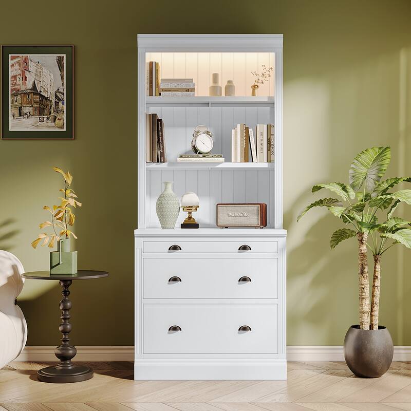 83.4"Tall Bookshelf with LED Lighting, Modern Bookcase with 3 Drawer and Open Shelves