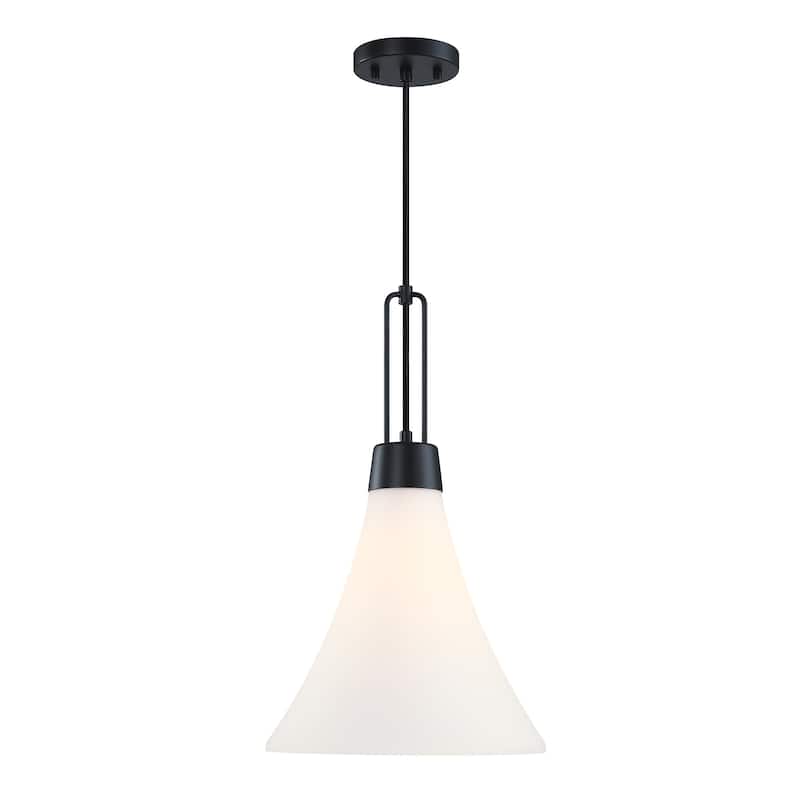 Evergreen Oasis 60 Watt 1-Light Matte Black Down Pendant Light with Etched Opal Glass Shade - 20