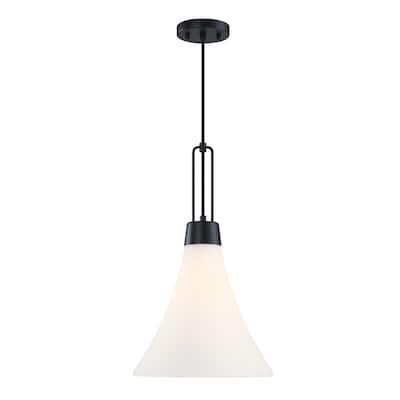 Evergreen Oasis 60 Watt 1-Light Matte Black Down Pendant Light with Etched Opal Glass Shade - 20