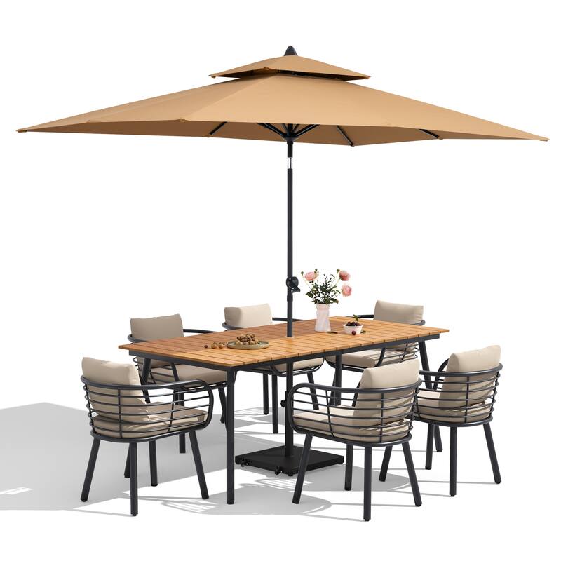 9-Piece Outdoor Patio Dining Set w/10 ft Umbrella and Base Aluminum Dining Table and Chairs with Sunbrella Cushion