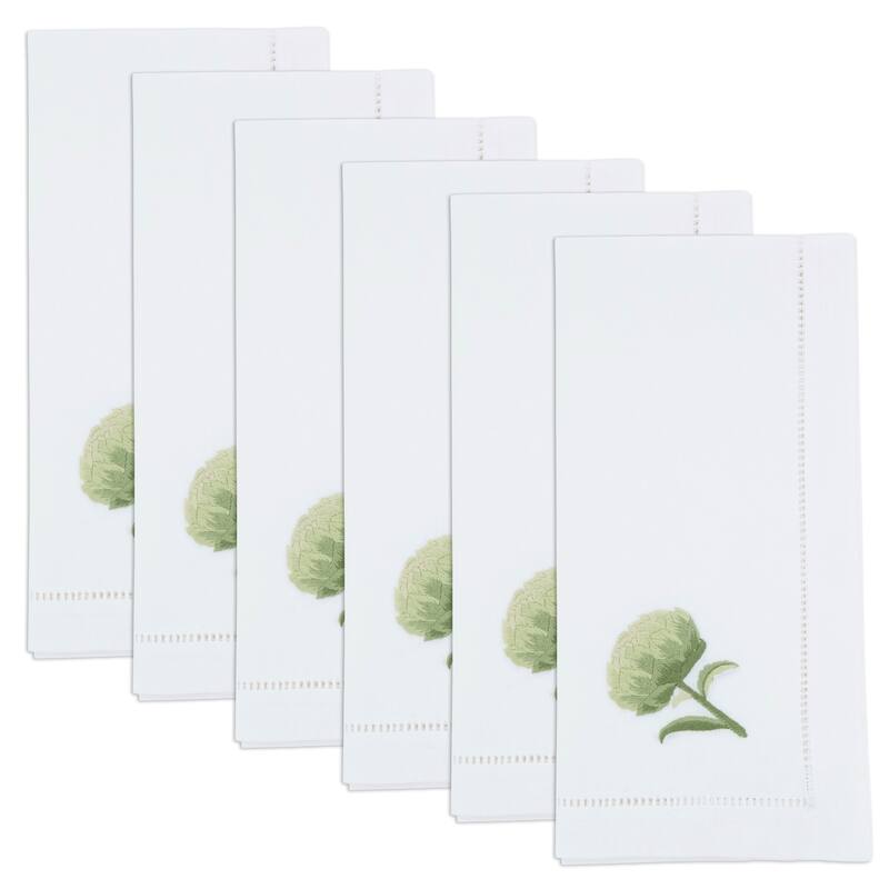 Artichoke Embroidered Cotton Decorative Napkins (Set of 6) - Classic Hemstitch Border with Vegetable Motif, 20"x20"