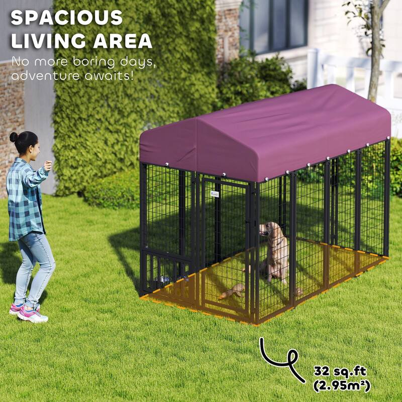 PawHut 7.9' x 4' x 6' Outdoor Dog Kennel, Welded Wire Heavy Duty Dog Run with 360° Rotating & 4 Level Adjustable Bowls
