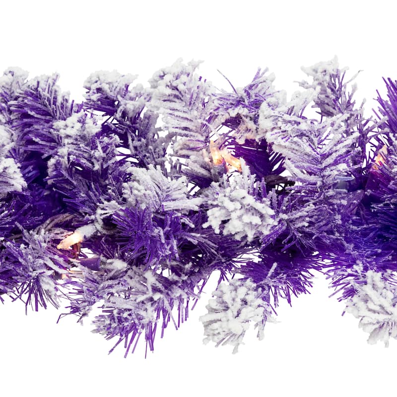 Pre-Lit Artificial Flocked Pine Christmas Garland - 9' - Purple - Clear Lights
