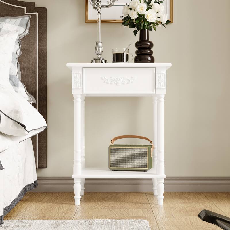 Vintage End Table with Drawer and Shelf, French Style Nightstand with Solid Wood Legs, White Accent Table - White