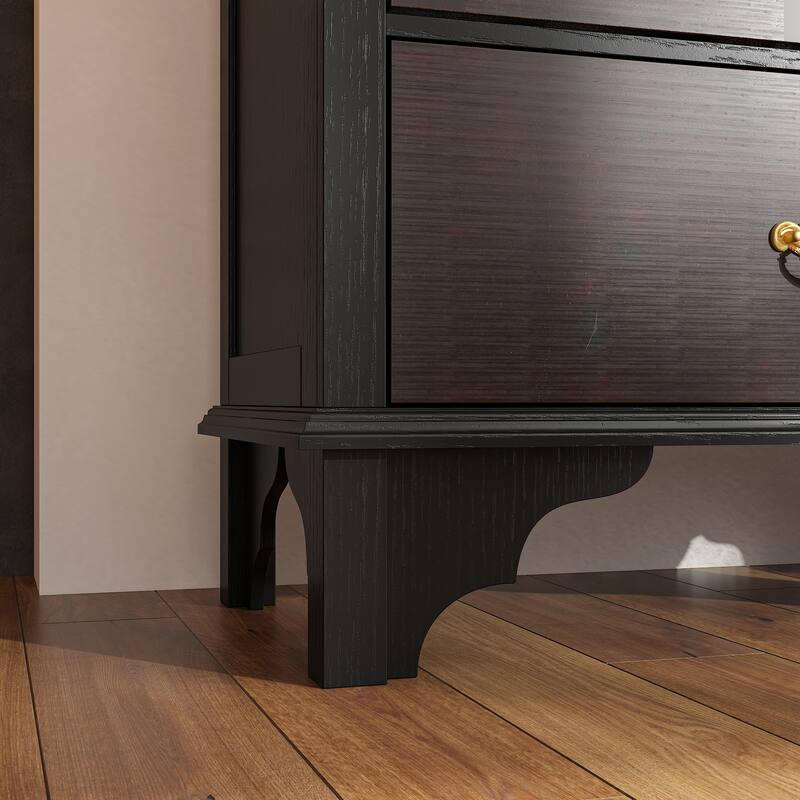 Boho Wood & MDF Display Cabinet with Tempered Glass Doors, Carved Arch Frame & Metal Handle Drawer