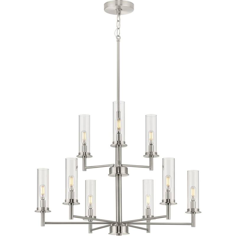 Kellwyn Collection 9-Light Brushed Nickel Clear Glass Transitional Chandelier Light - 28 in x 28 in x 34.25 in