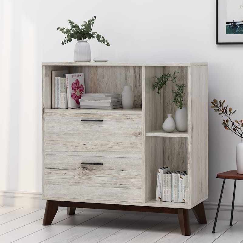 Roomfitters Mid-Century Modern Storage Cabinet with Two Drawers and Open Shelves, Wood Grain Finish