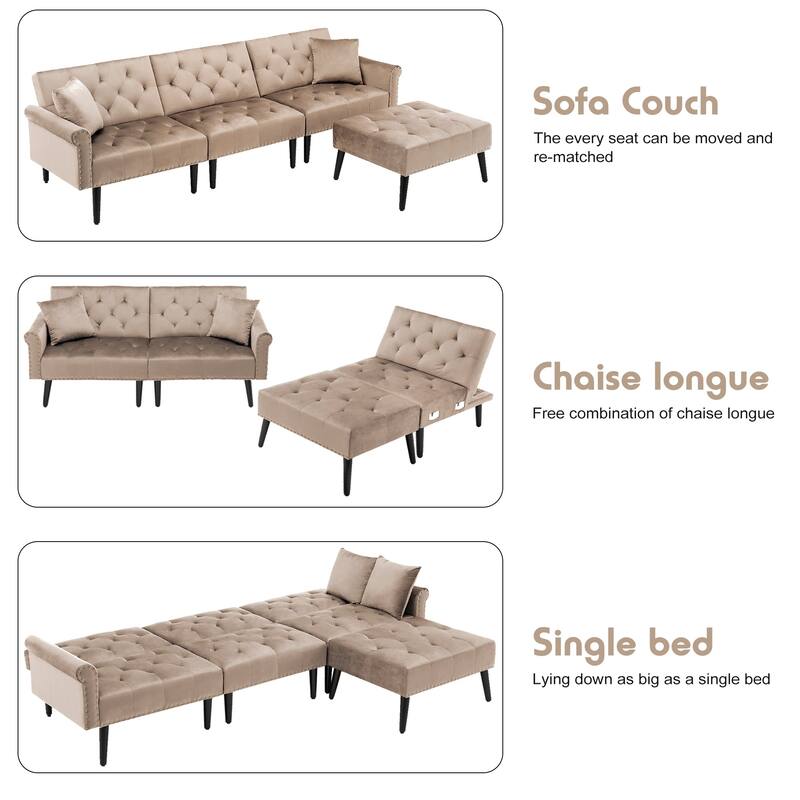Convertible Velvet Sofa Couch, Sectional Sofa with Ottoman, Mid-Century Futon Sofa Bed - 32"D x 100.7"W x 29.9"H