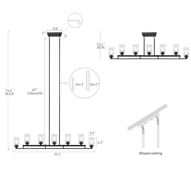 Modern Farmhouse 7-Light Chandelier 53 IN Black Island Light for Kitchen Island - 53.1" W x 3.9" D x 10.4" H