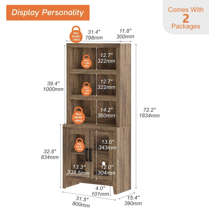 WAMPAT 3 Tier Bookshelf with Glass Door, 74" Tall Bookcase with Adjustable Shelf and Storage Cabinet, Farmhouse Wooden Bookshelf