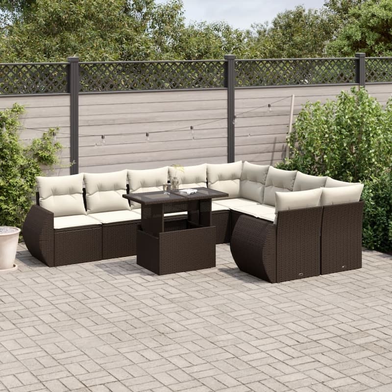 vidaXL Patio Sofa Set with Cushions Outdoor Furniture 10 Piece Poly Rattan - Brown and Cream - 21.7 x 39.4 x 28.7