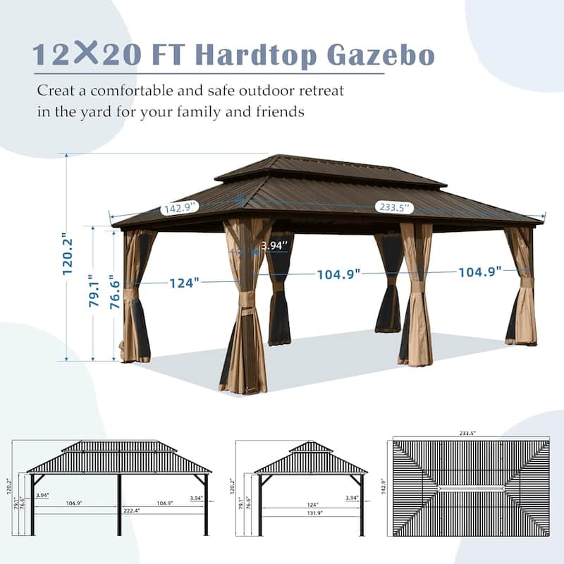 Aluminum Metal Hardtop Gazebo with Galvanized Steel Double Roof Canopy, Curtain and Netting