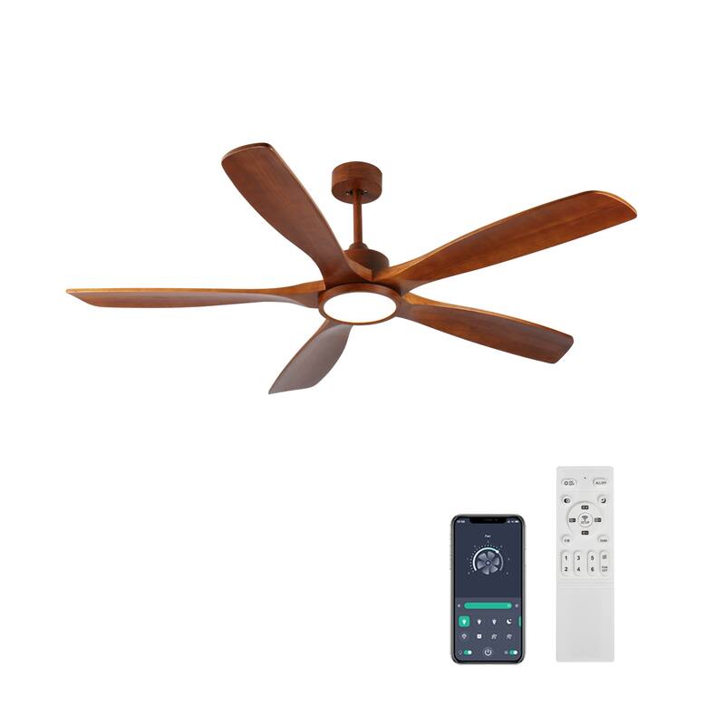 60 inch Wood Ceiling Fans with Remote,5 Solid Wood Blades,Low Profile Ceiling Fan with Light,6 Speed,Reversible DC Motor - Natural Wood