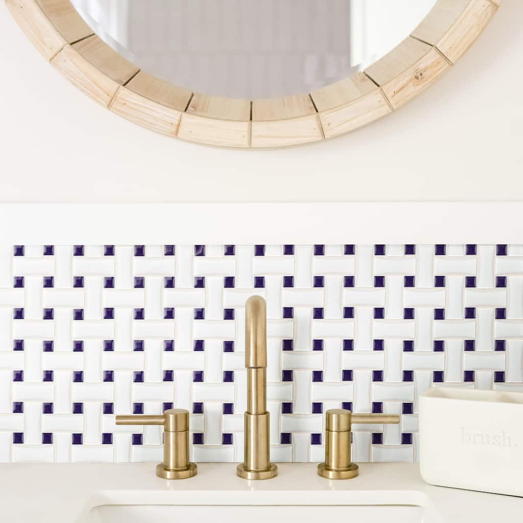 Merola Tile Metro Dog Bone Basketweave White w/Cobalt Dot 10" x 10" Porcelain Mosaic Tile