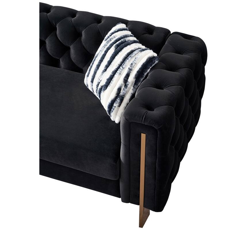 Velvet Tufted Sofa with Gold Metal Legs & Toss Pillows - 84" Width