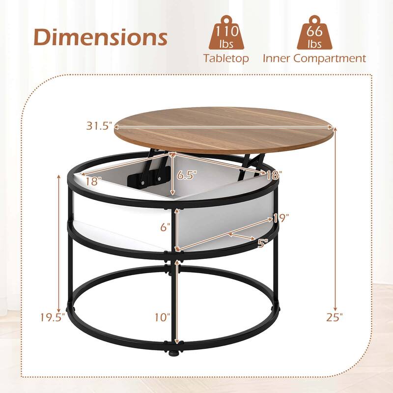Costway 31.5” Lift Top Coffee Table with Hidden Compartment & Side - See Details