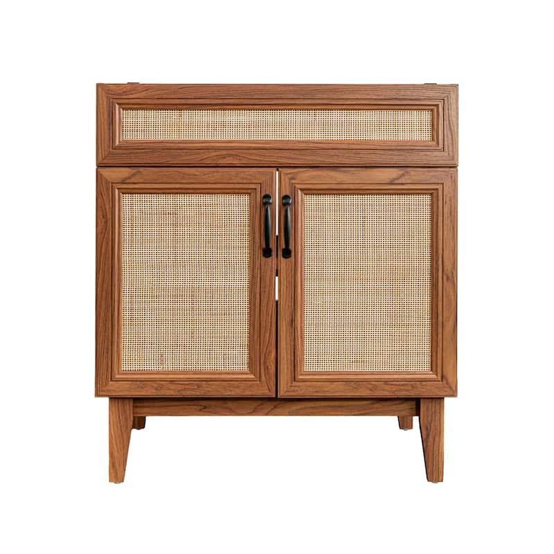 Ancillary Rattan Modern Farmhouse 2-Shelf Bath Vanity Cabinet Only (Sink Basin not Included), by JONATHAN Y - 30 in. - Walnut