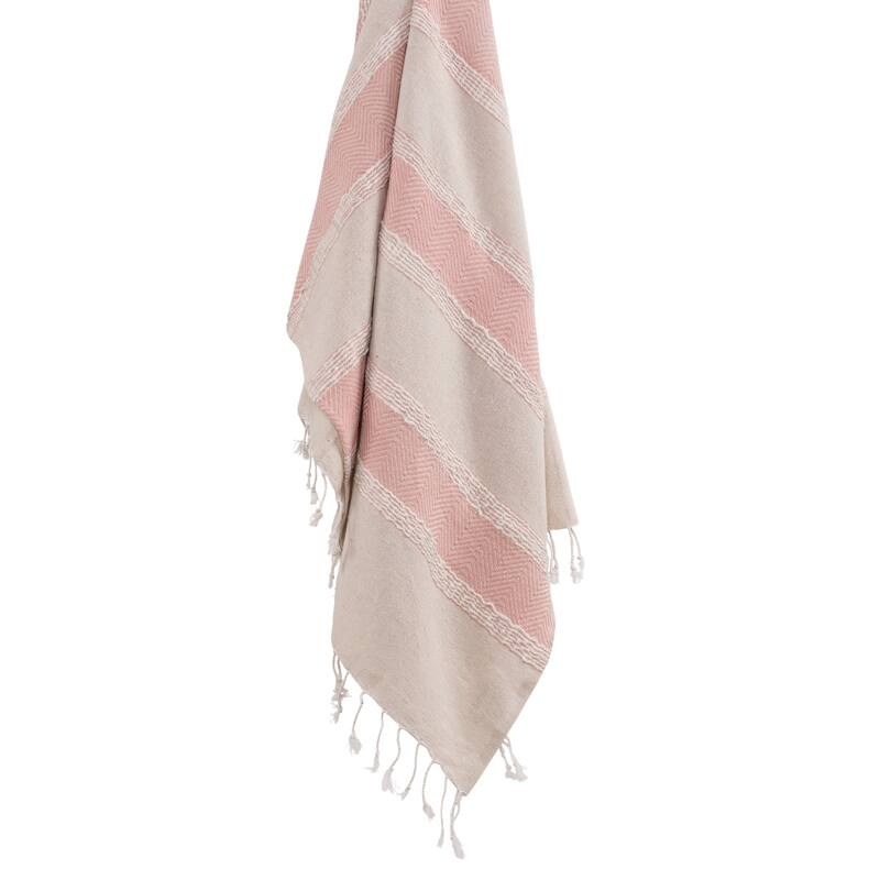 HomeRoots 50" X 60" Beige And Pink Cotton Woven Striped Throw Blanket with Fringe