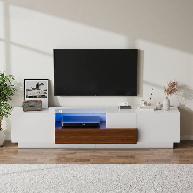 Meyreso 70.8" High Gloss TV Stand with LED Lights and Storage Drawers - 70 inches - White - 70 inches