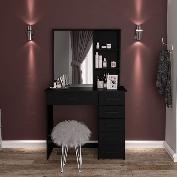 black dressing table Dextrus Vanity Set with 3 Color Lighted Mirror & Charging Station & Stool, Modern Makeup Vanity Table with 9 Drawers for Bedroom, Gold out details and functions 59" Makeup Vanity Desk, Modern
