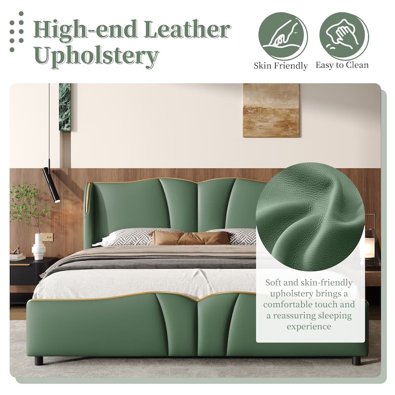 Roomfitters Queen Size PU Upholstered Platform Bed Frame with Wingback Headboard and Wavy Footboard, Modern Leather Bed